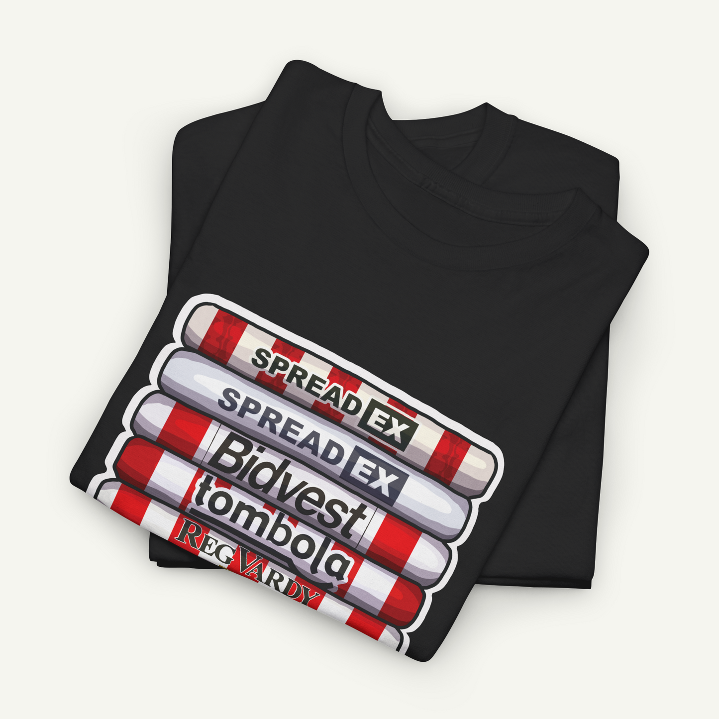 A black t-shirt with a graphic design featuring a stack of red and white tubes with the text "SPREAD EX" printed on them.