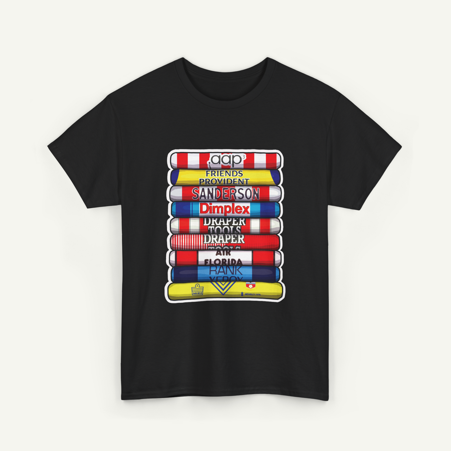A black t-shirt with a graphic design featuring a stack of colorful tubes or bottles, each representing a different artist or brand.