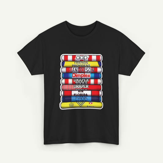 A black t-shirt with a graphic design featuring a stack of colorful tubes or bottles, each representing a different artist or brand.