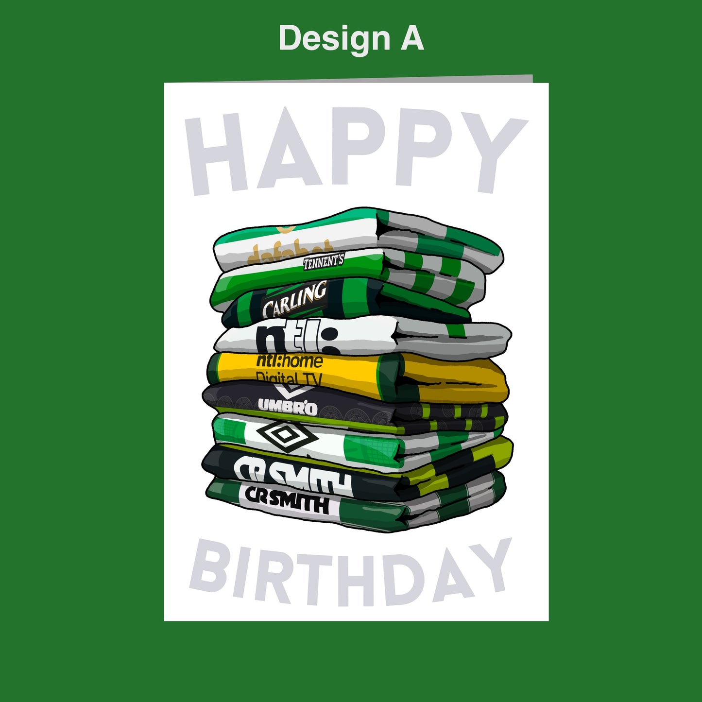 A stack of colorful towels with the text "Happy Birthday" written on them, set against a green background.