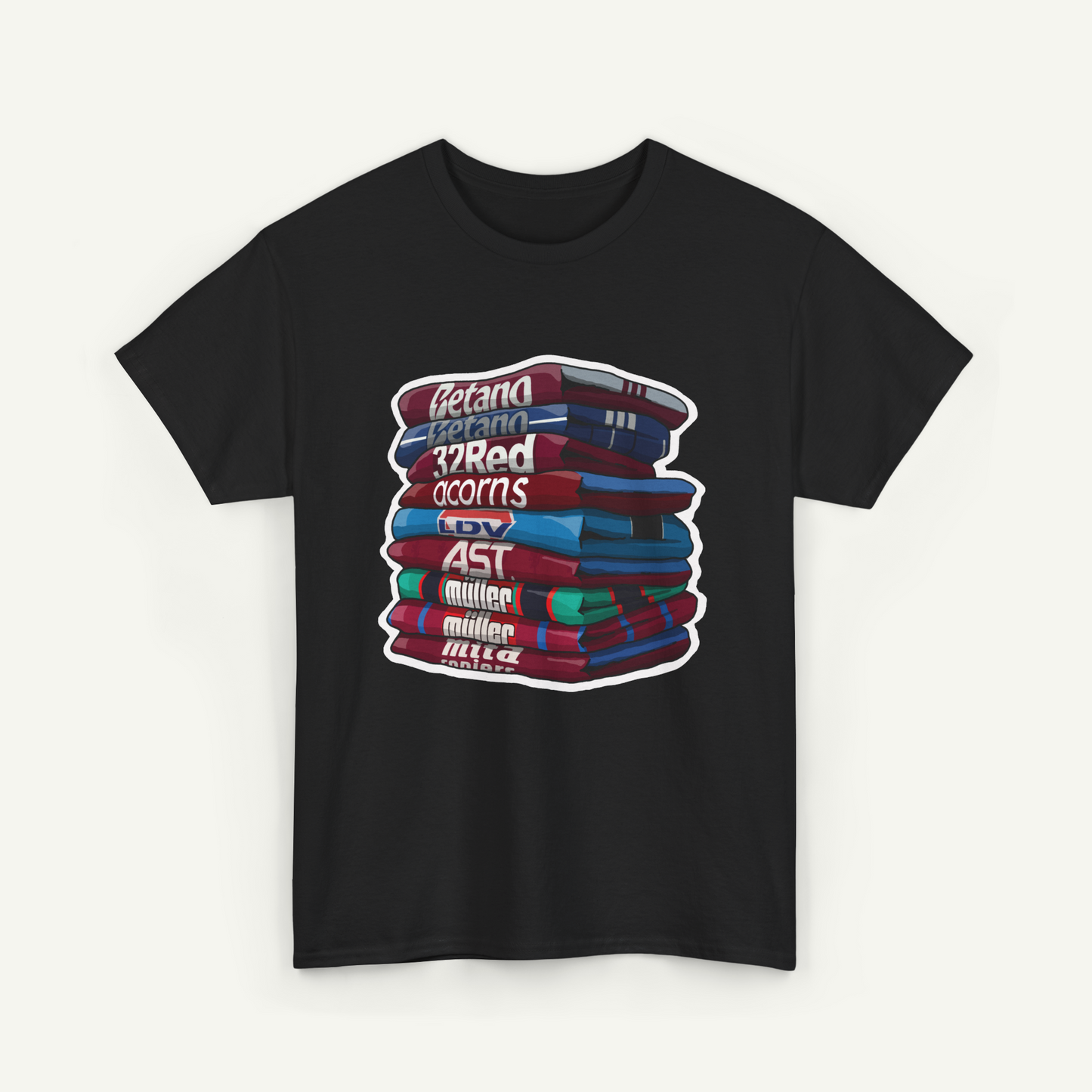 A black t-shirt with a graphic design depicting a stack of colorful books.