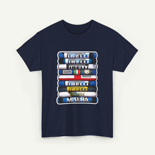 A navy blue t-shirt with a graphic design featuring a stack of various logos and text related to different Italian football teams.