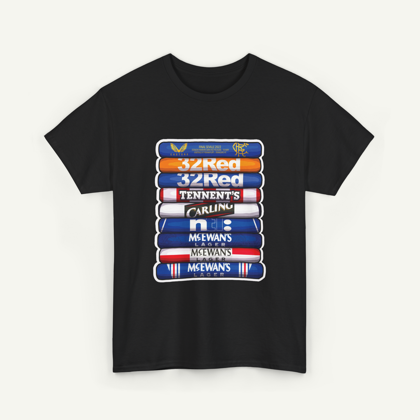A black t-shirt with a graphic design featuring a stack of colorful tubes or bottles, each with a different logo or text on it.