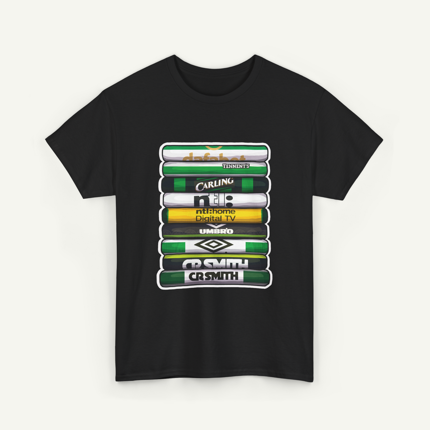 A black t-shirt with a graphic design featuring a stack of colored bars, each displaying a different brand logo.