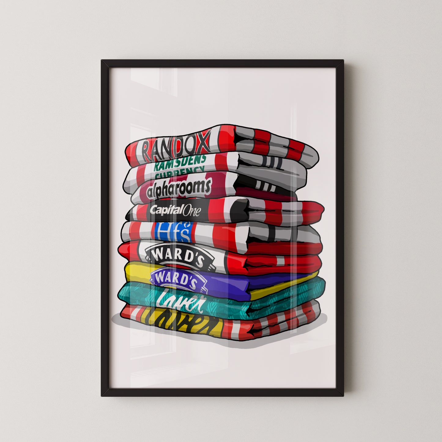 A framed illustration of a stack of colorful towels with various text and logos printed on them.
