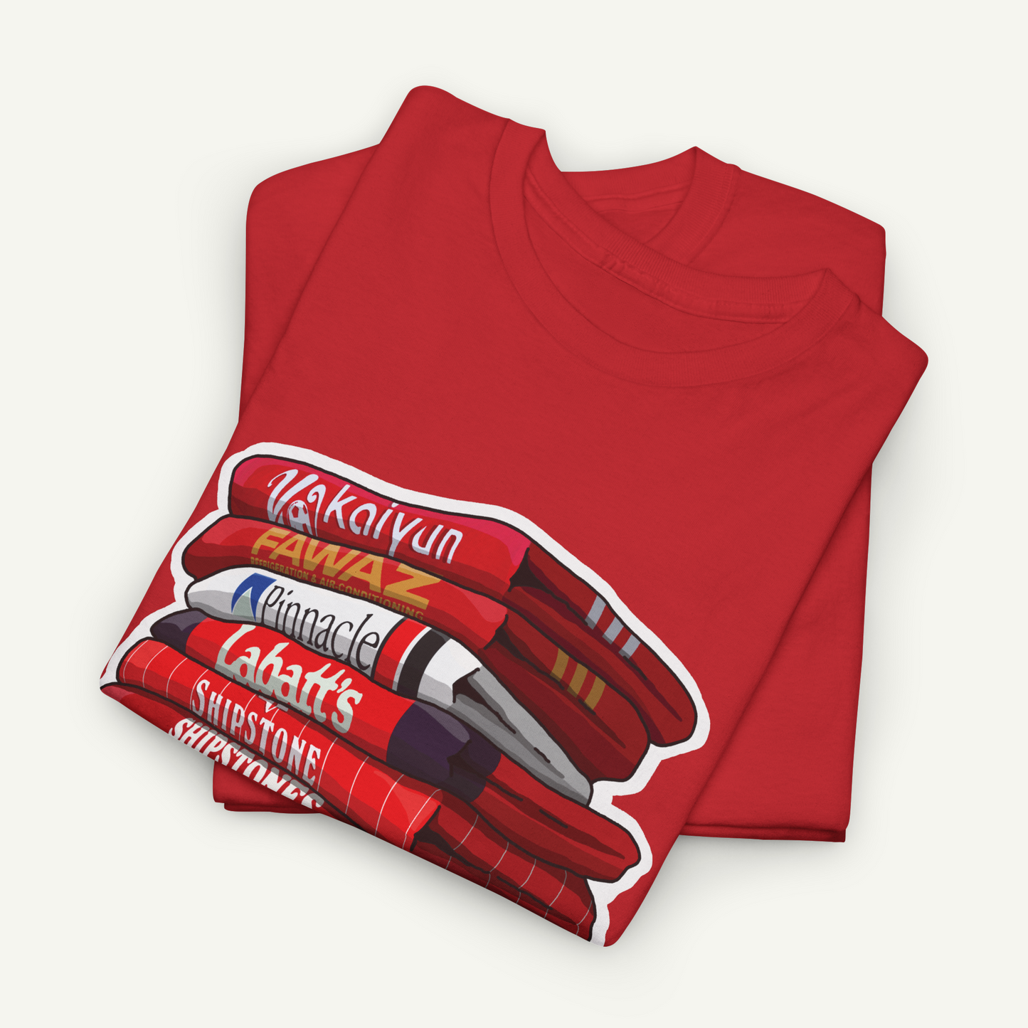 A red t-shirt with a graphic design depicting a stack of red and white markers.
