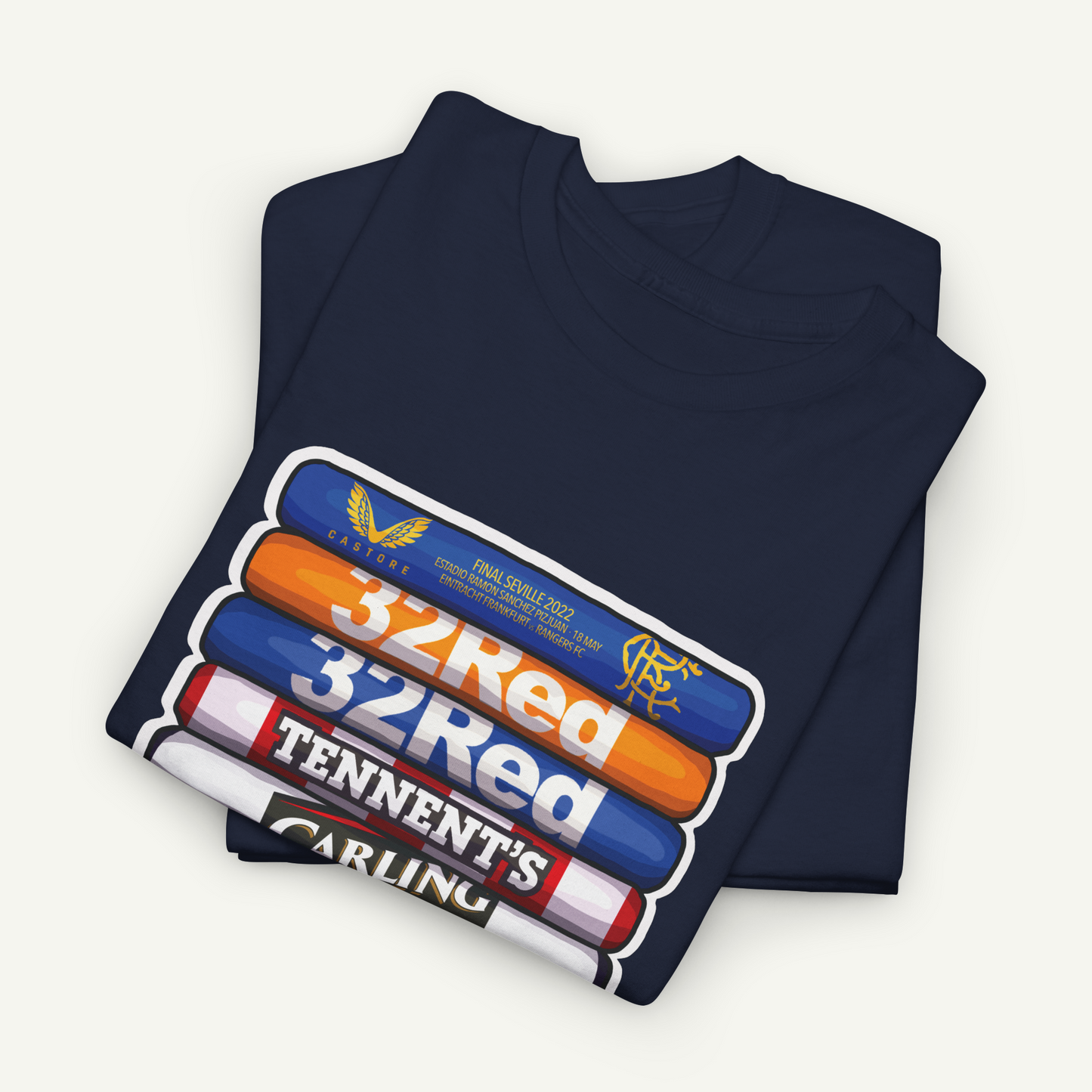 A navy blue t-shirt with a graphic design featuring a stack of colorful tubes or bars, each labeled with a different word or phrase.