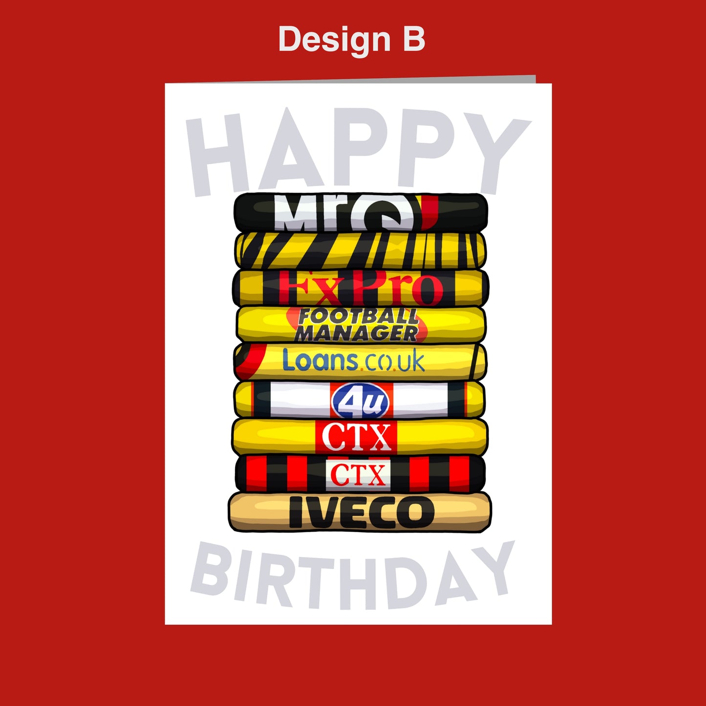 A birthday card with a stack of colorful football-related items, including a football, a soccer ball, and a football jersey, along with the text "Happy Birthday".