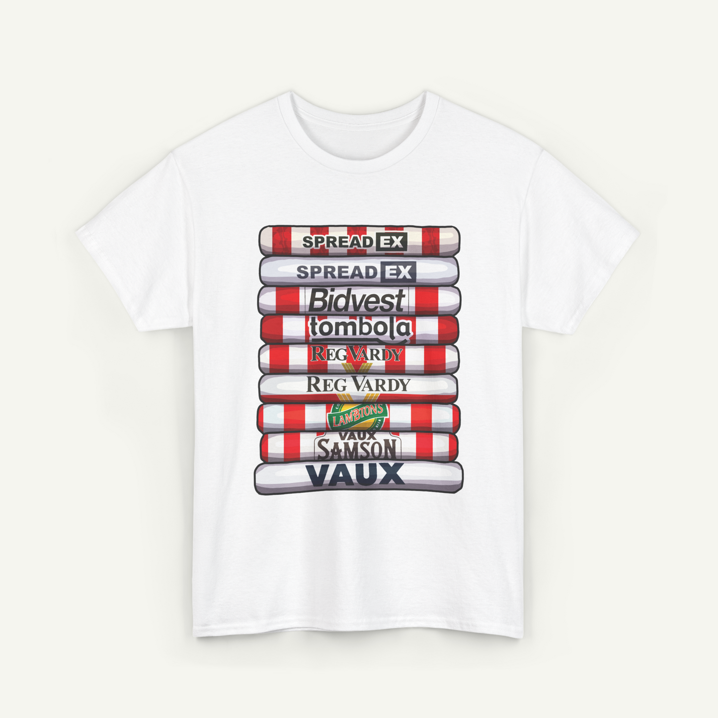 A white t-shirt with a graphic design featuring a stack of red and white striped tubes with various text printed on them.