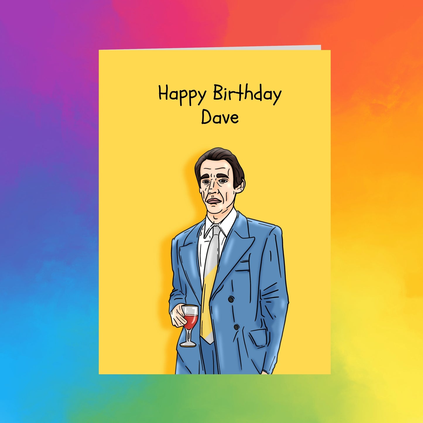 A cartoon illustration of a man in a suit holding a glass of wine, with the text "Happy Birthday Dave" written above him.