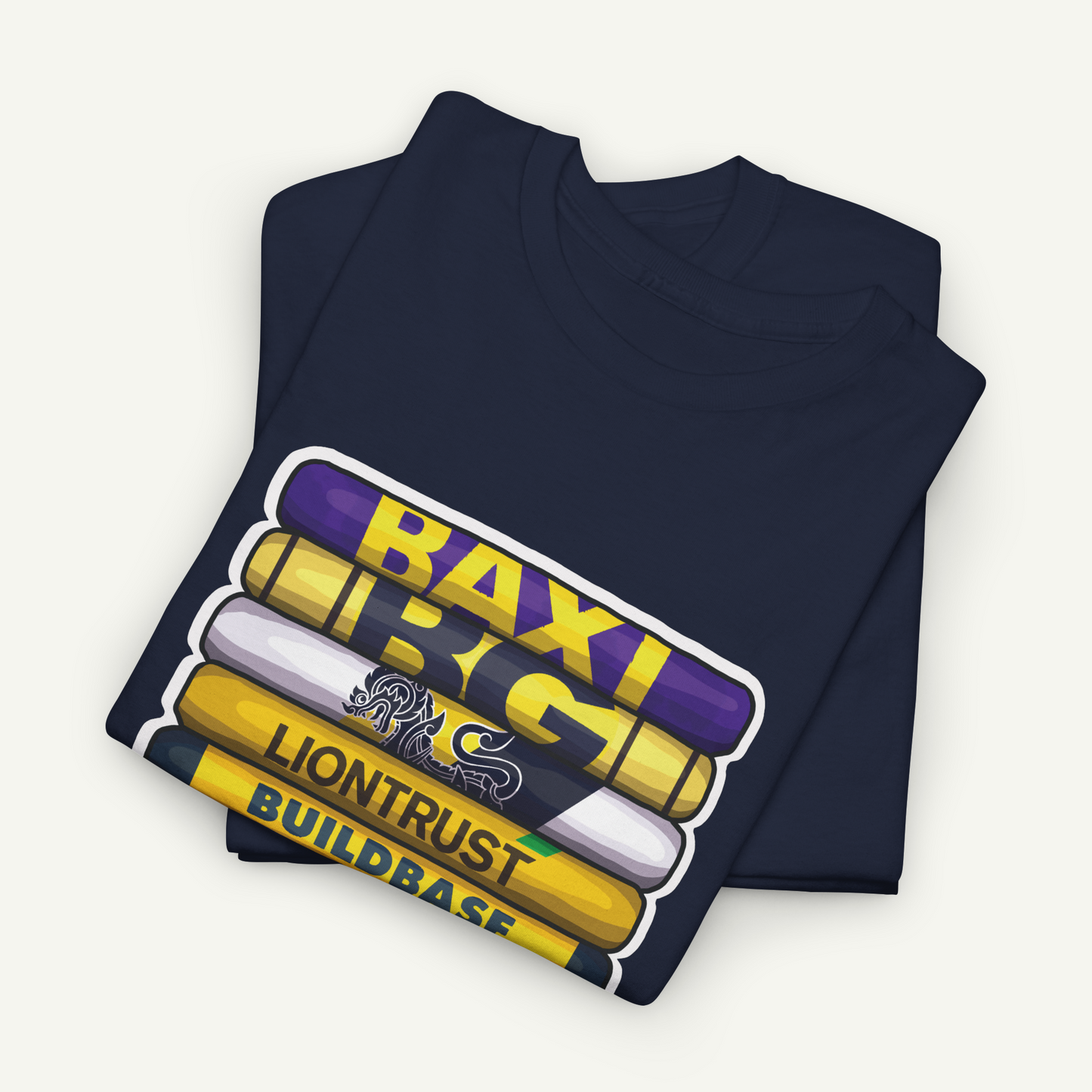 A navy blue t-shirt with a graphic design featuring a stack of colorful markers or highlighters, along with the text "BAXI", "LG", and "BUILDBASE".