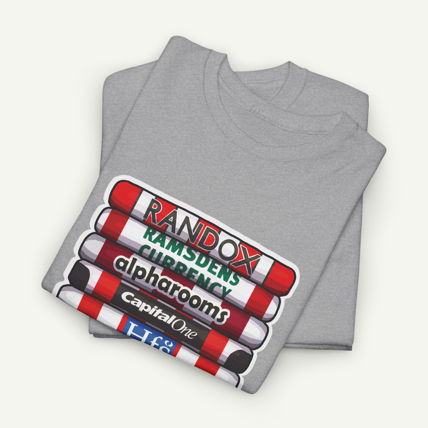 A gray t-shirt with a graphic design featuring a stack of red and white striped tubes with text printed on them.