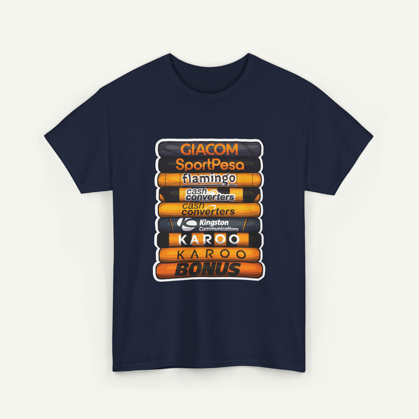 A navy blue t-shirt with a graphic design featuring a stack of orange and black tubes with text on them.