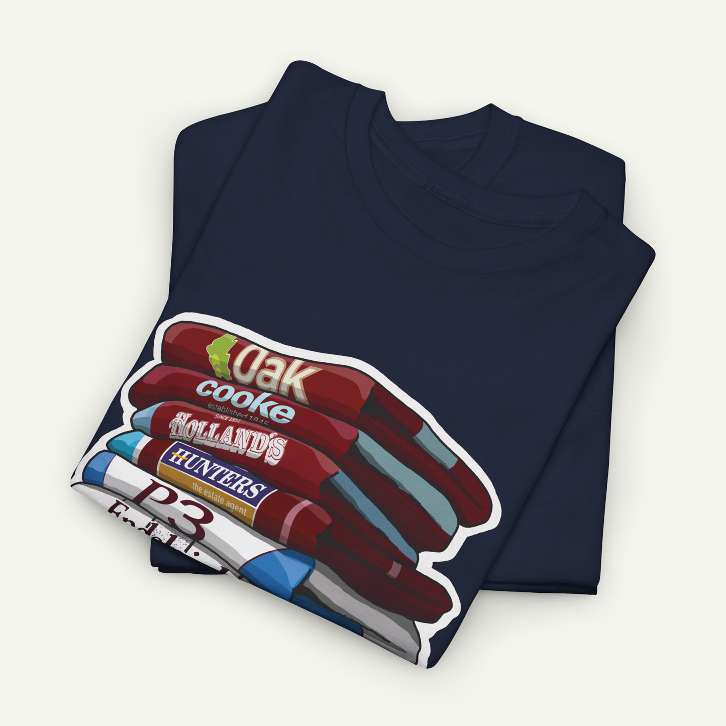 A navy blue t-shirt with a graphic design depicting a stack of various colored pencils.