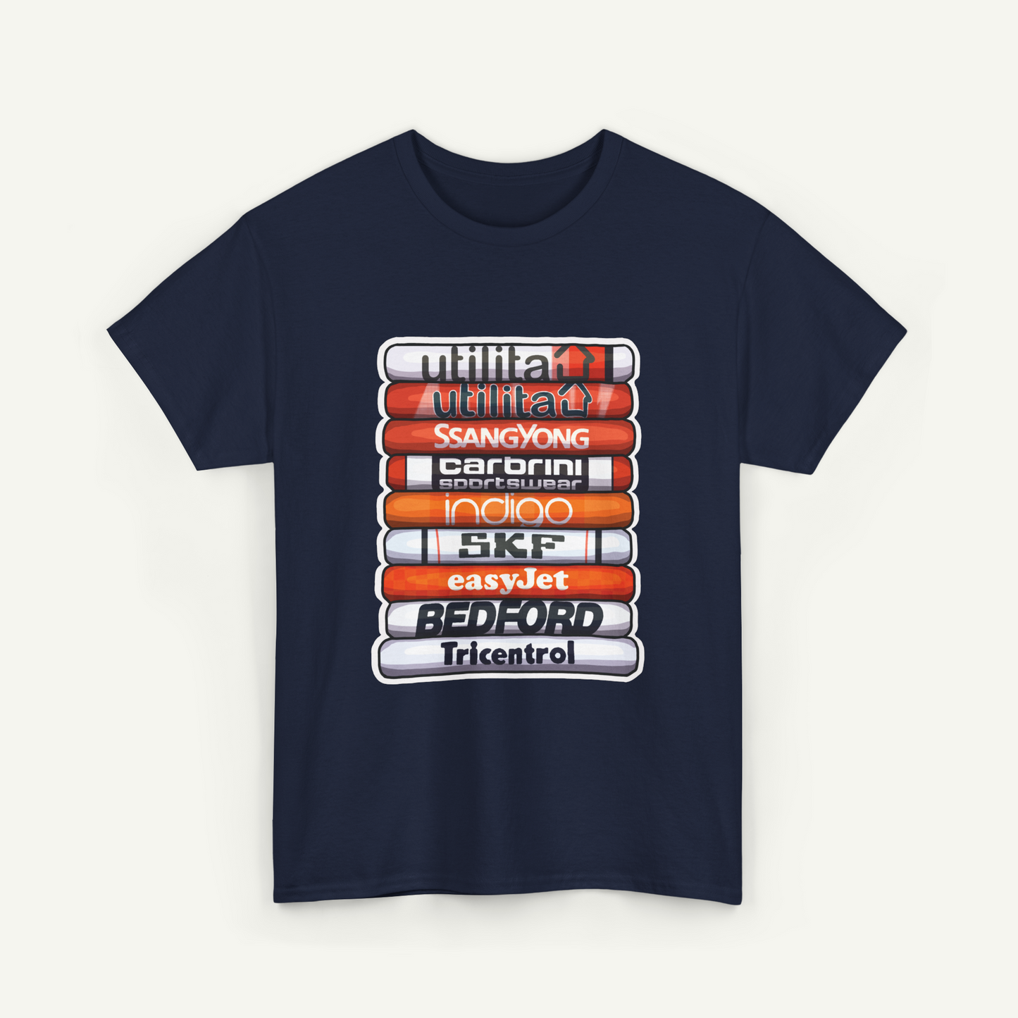 A navy blue t-shirt with a graphic design featuring a stack of colored tubes or bars, each representing a different company or brand.