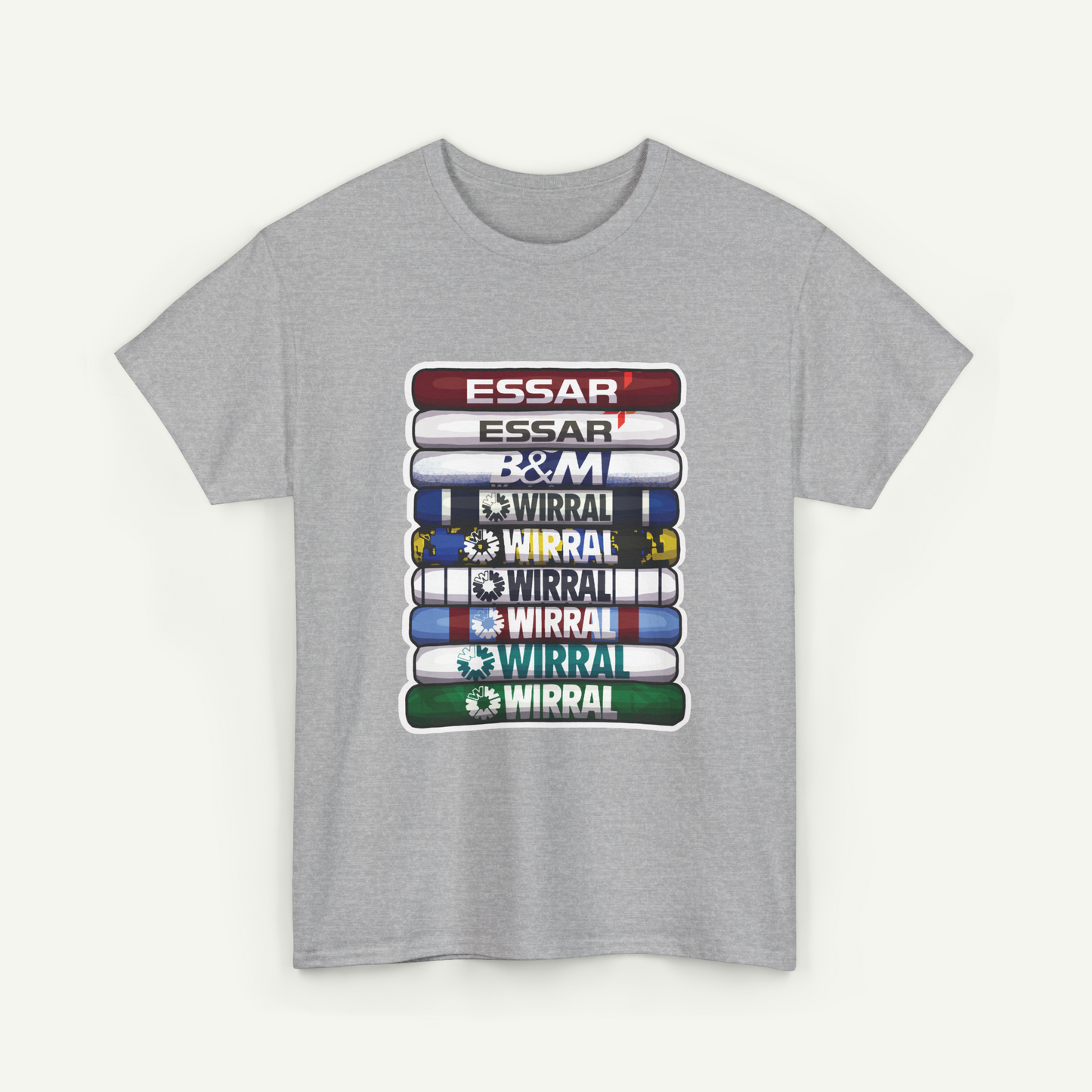A gray t-shirt with a graphic design featuring a stack of colored bars, each displaying a different brand name.