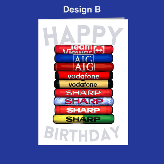 A birthday card with a stack of colorful tubes, each representing a different brand or company, such as Vodafone, Sharp, and Vodafone.