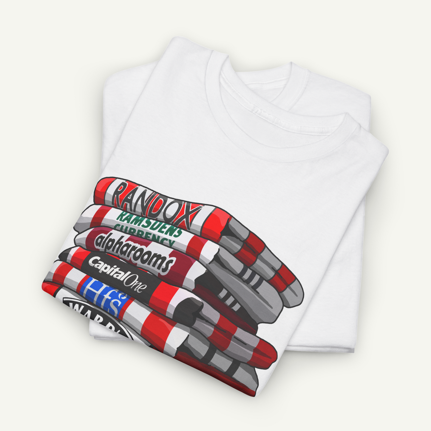 A white t-shirt with a graphic design depicting a stack of various colored pencils.