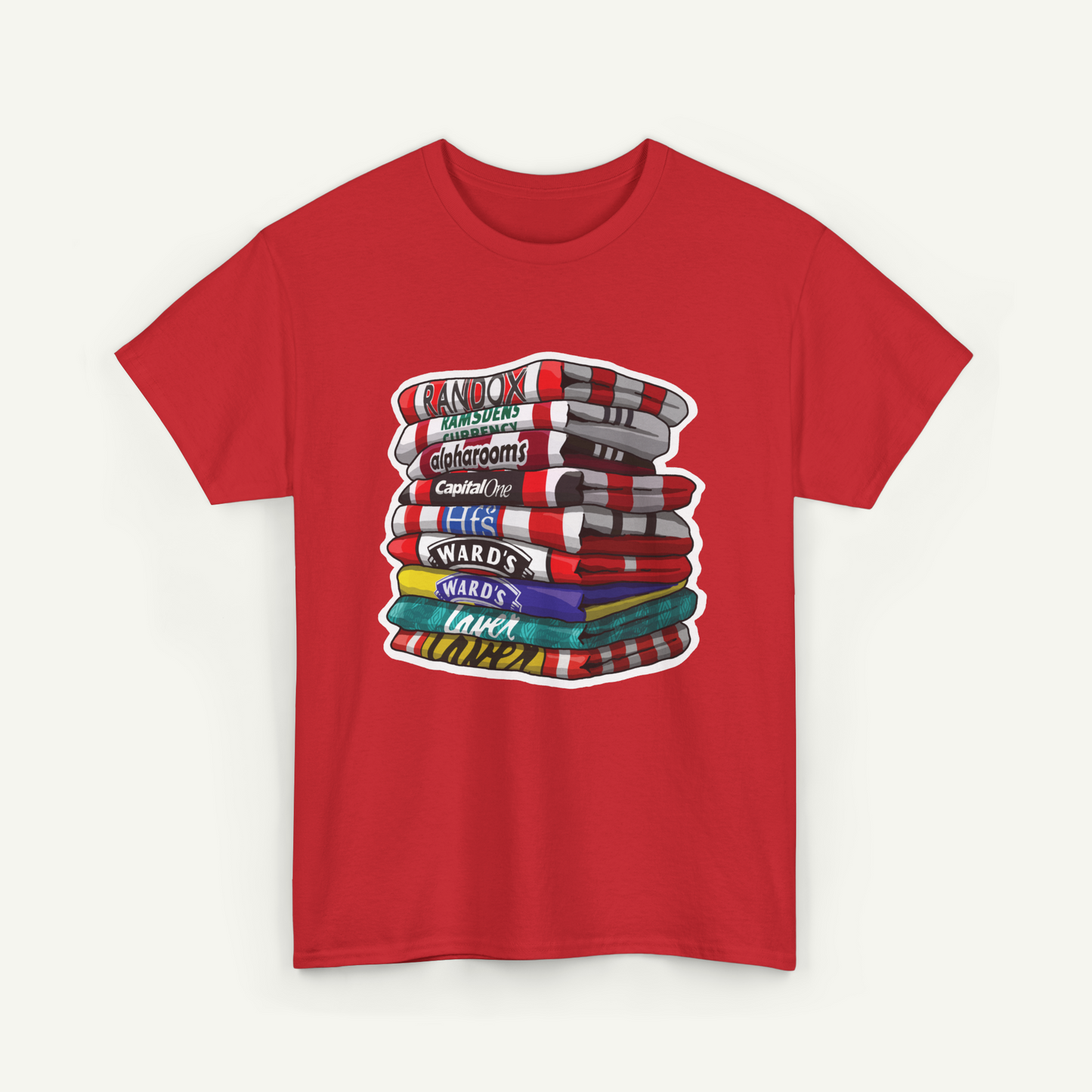 A red t-shirt with a graphic design depicting a stack of colorful towels or blankets, each with a different label such as "RAMSONS", "ALPHAROOMS", "HIFTS", "WARDS", and "LAMBDA".