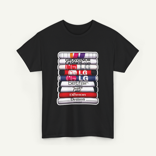 A black t-shirt with a graphic design featuring a stack of colorful books or magazines with the text "GROSVENOR" and "LG" printed on them.