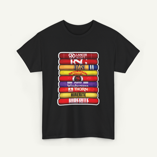 A black t-shirt with a graphic design featuring a stack of colorful tubes with various text labels on them.