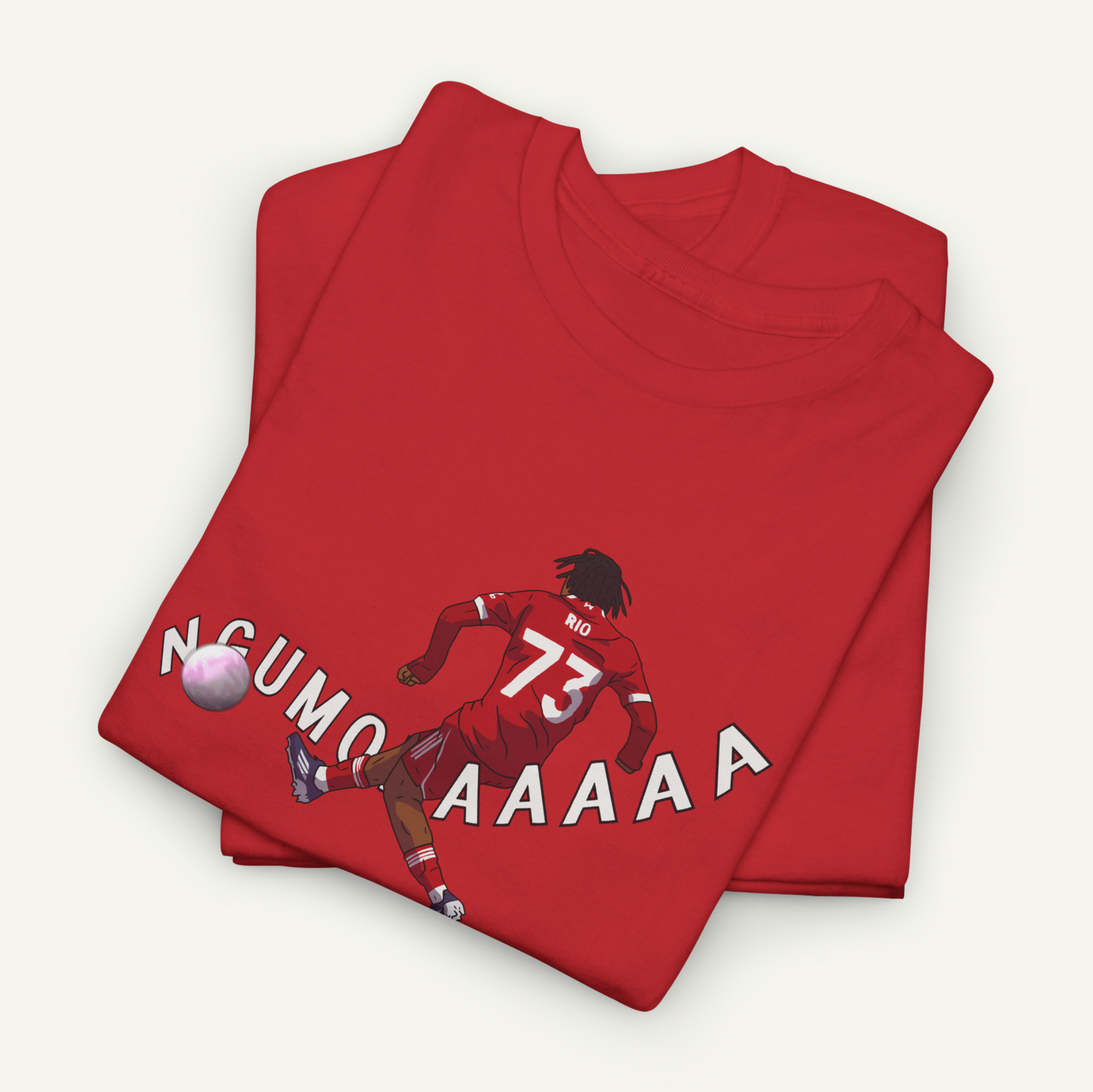 a red t-shirt with a graphic design depicting a soccer player kicking a ball.