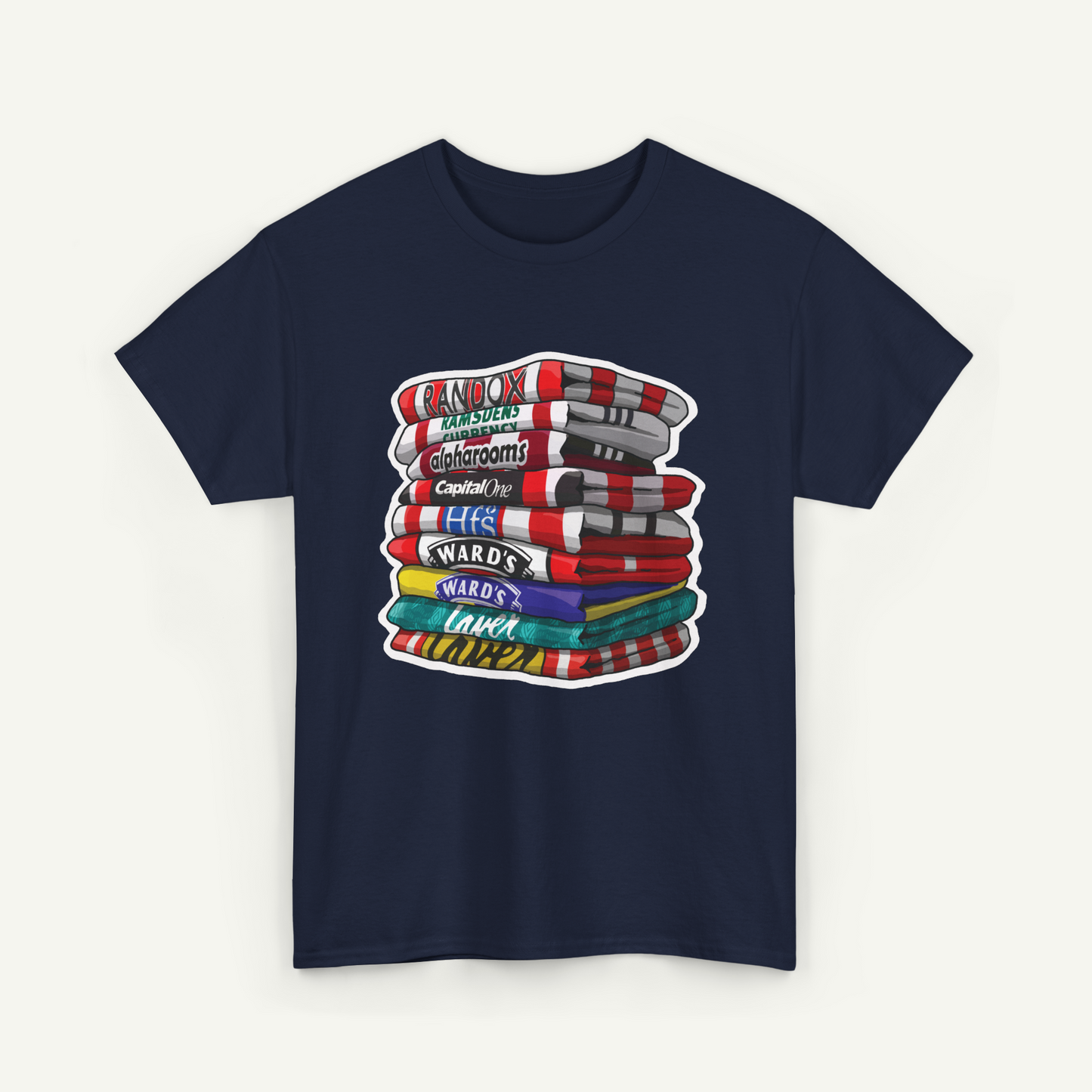 A navy blue t-shirt with a graphic design depicting a stack of colorful towels or blankets with various text labels on them.