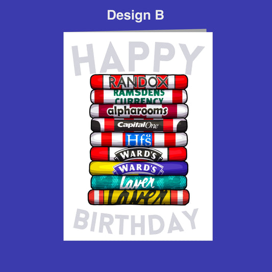 A birthday card with a stack of colorful tubes containing various logos, including "RANDBOX", "RAMSDENS", "ALPHAROOMS", "CAPITAL ONE", "HHS", "WARDS", "LAMEN", and "BAR". The text "Design B" is displayed above the stack of tubes.