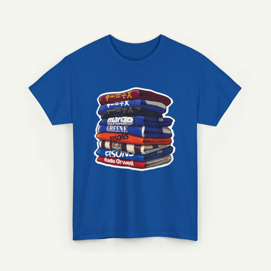 A blue t-shirt with a graphic design depicting a stack of books with various titles and authors' names.