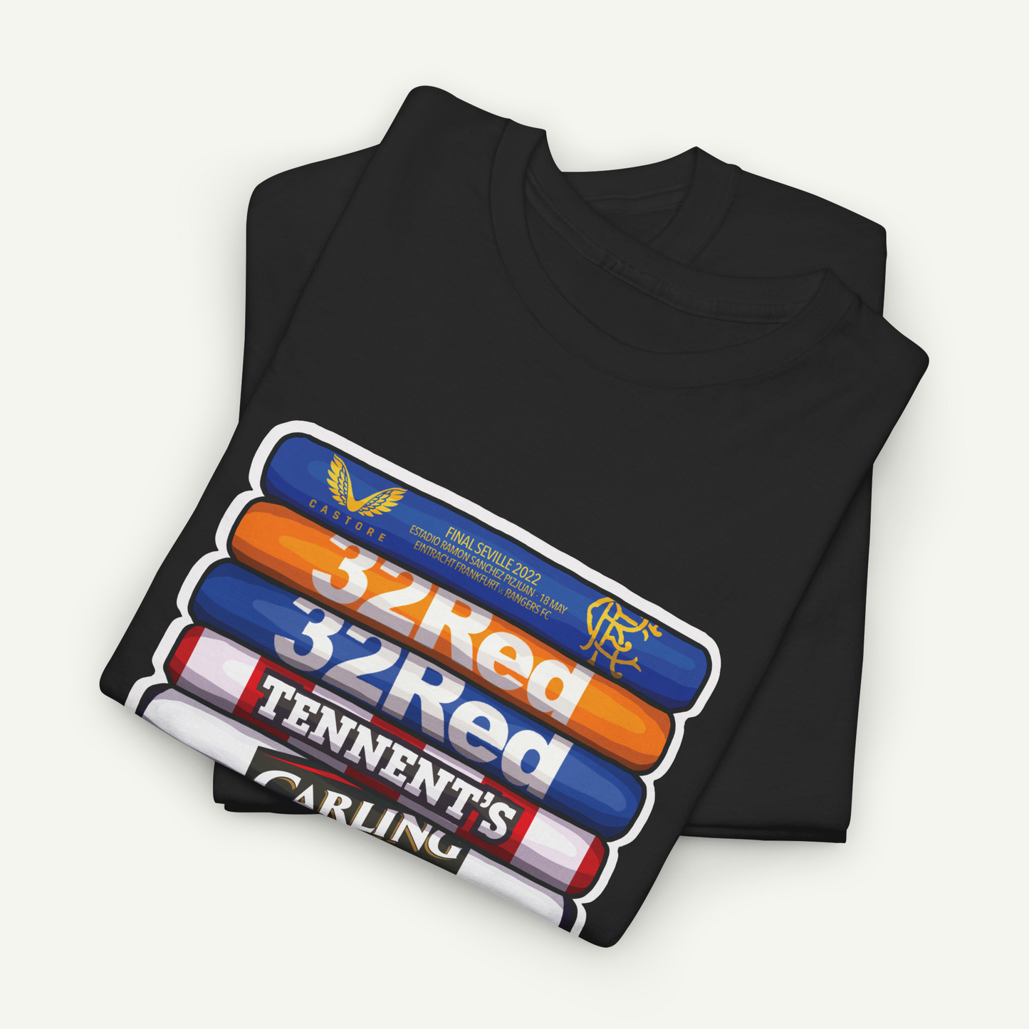 A black t-shirt with a graphic design featuring a stack of colorful tubes or bars, with text printed on them.