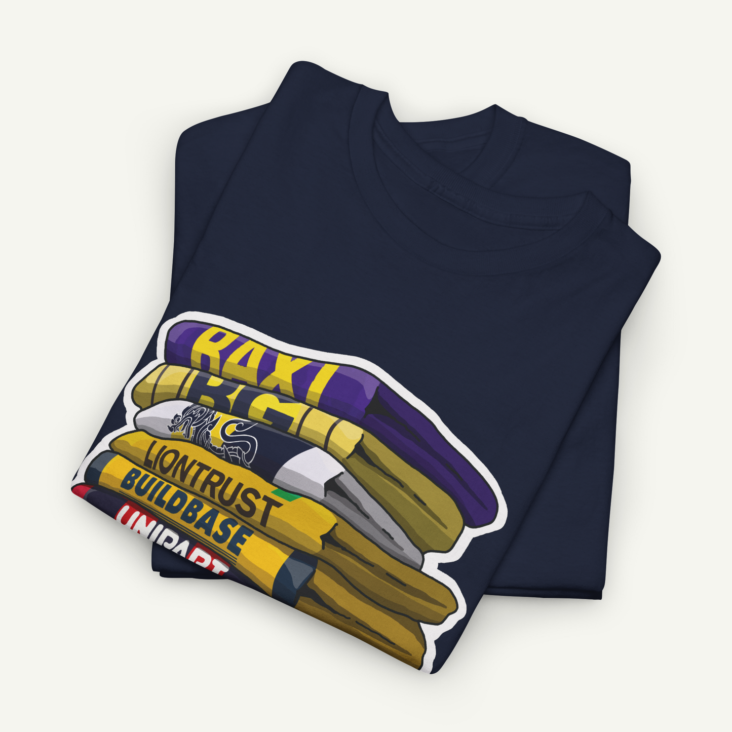 A dark blue t-shirt with a graphic design depicting a stack of books or a stack of colorful objects.