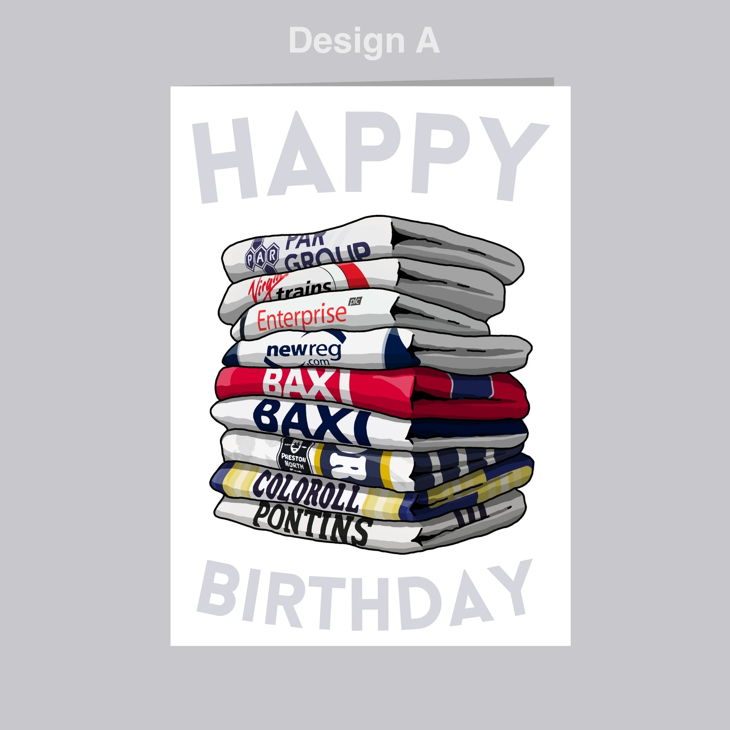 A stack of folded T-shirts with various logos and text, along with the text "Happy Birthday" at the bottom.