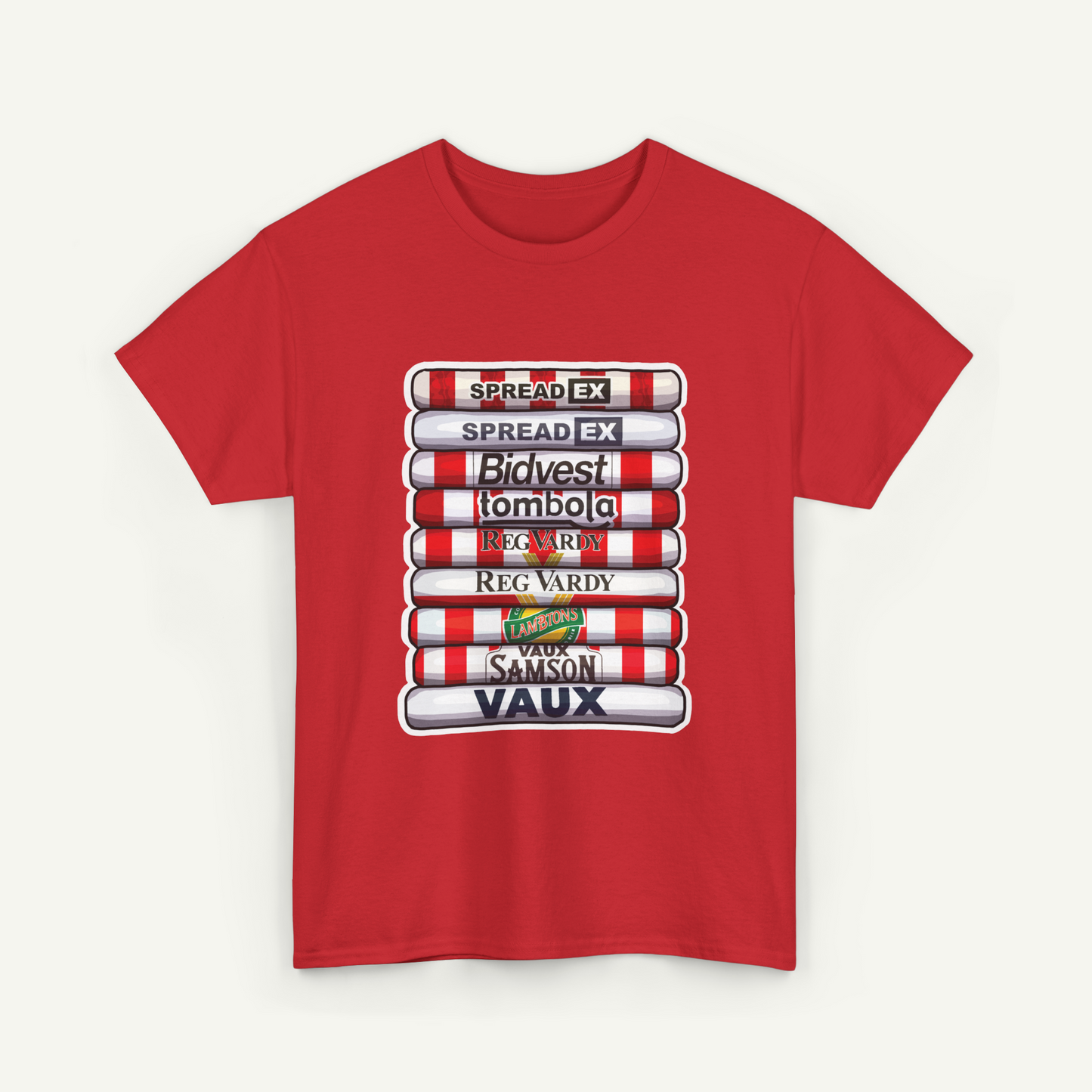 A red t-shirt with a graphic design featuring a stack of red and white striped tubes with various text printed on them.