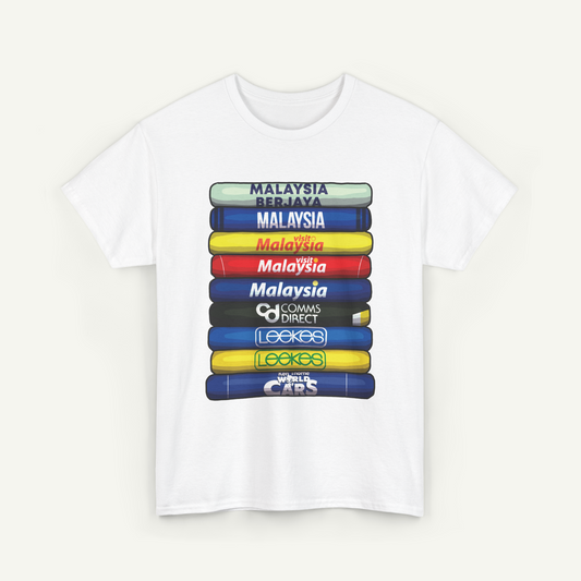A white t-shirt with a graphic design depicting a stack of colorful tubes or bars, each representing a different country or place in Malaysia.