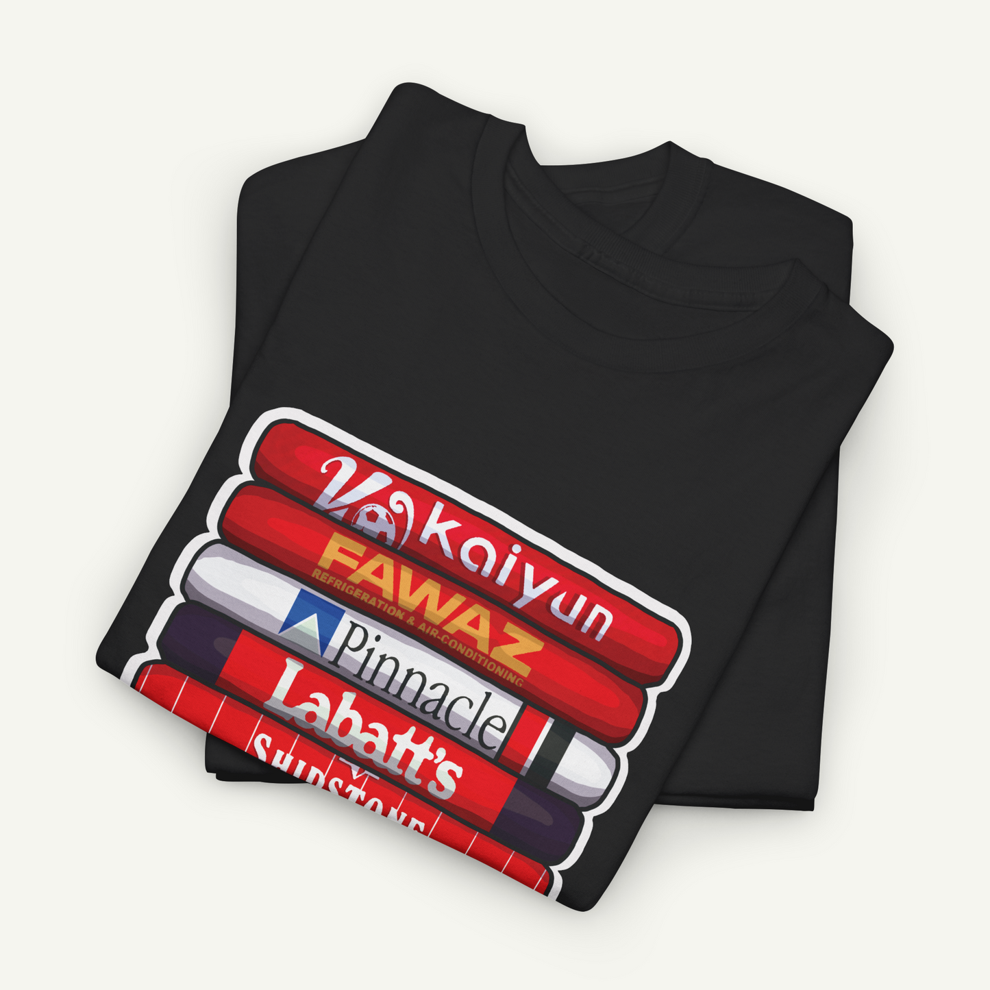 A black t-shirt with a graphic design featuring a stack of red and white tubes with text on them.