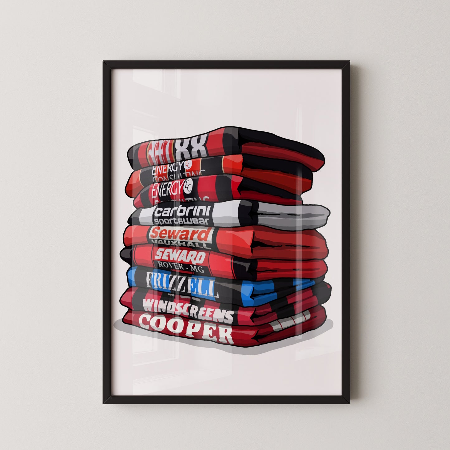 A framed illustration of a stack of various sports jerseys, each with different text and logos, including "CARBRI", "ENERGY", "SEVENTO", "CARB", "CARBRI", "SPORTWEAR", "SEVENTO", "CARB", "CARBRI", "WINDSCREEN", "COOPER", and "FRIZZEL".