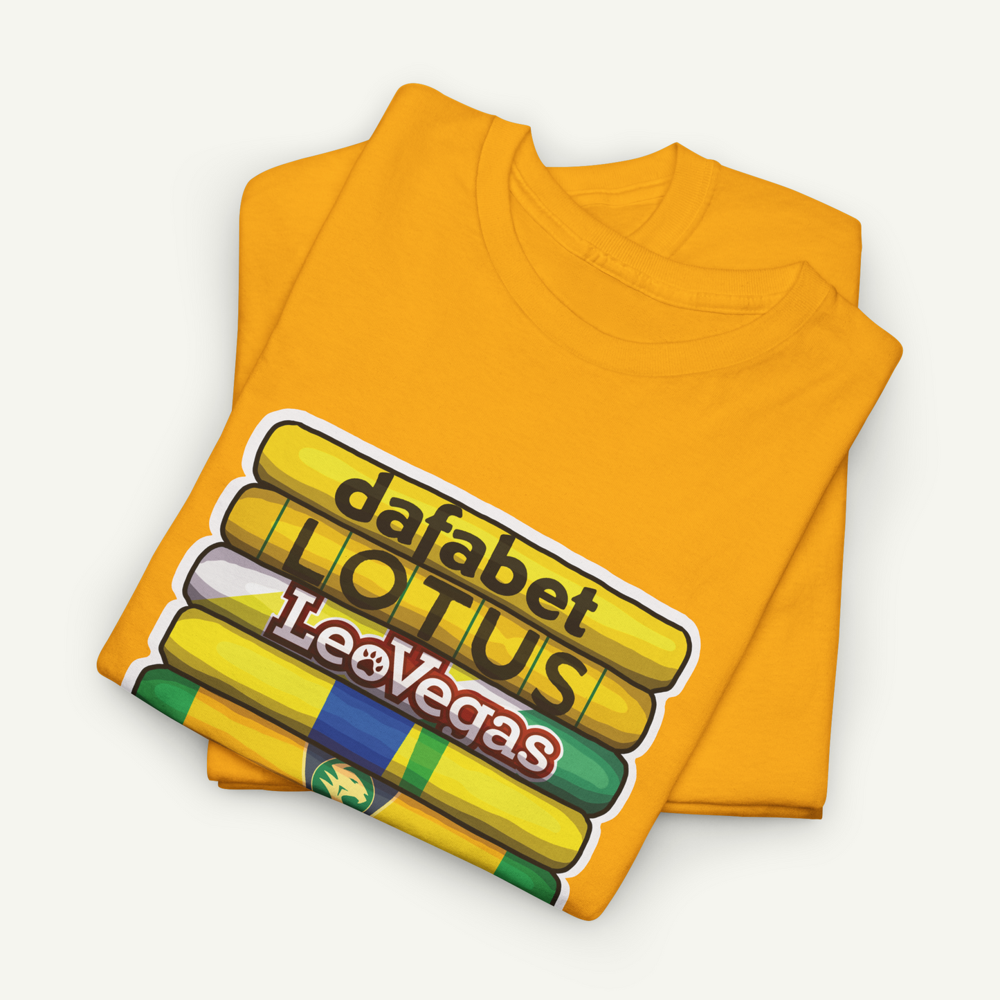 A yellow t-shirt with a graphic design featuring a stack of yellow tubes with the text "dafabet LUTUS" and "LeoVegas" printed on it.