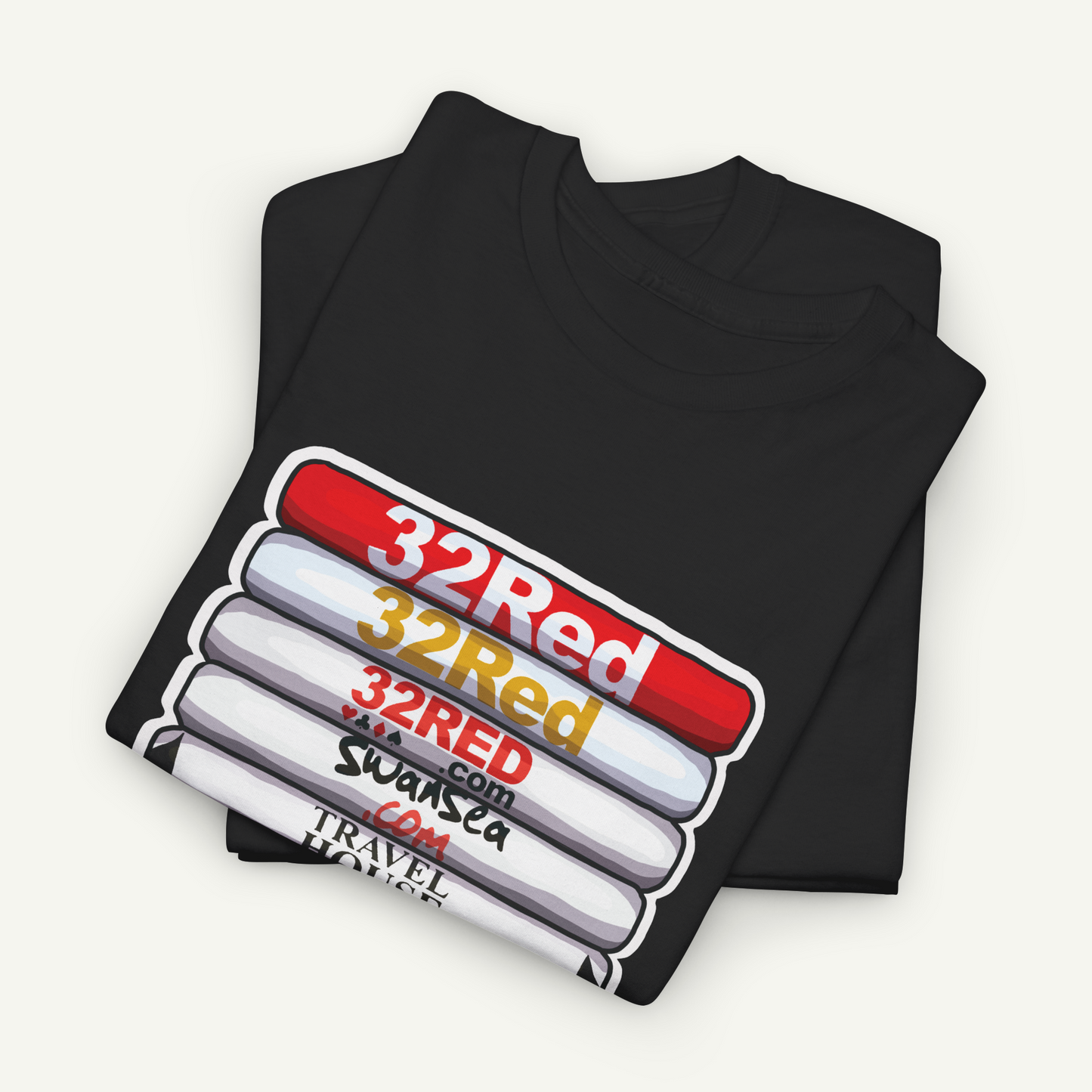 A black t-shirt with a graphic design featuring a stack of books with the text "32Red" printed on it.