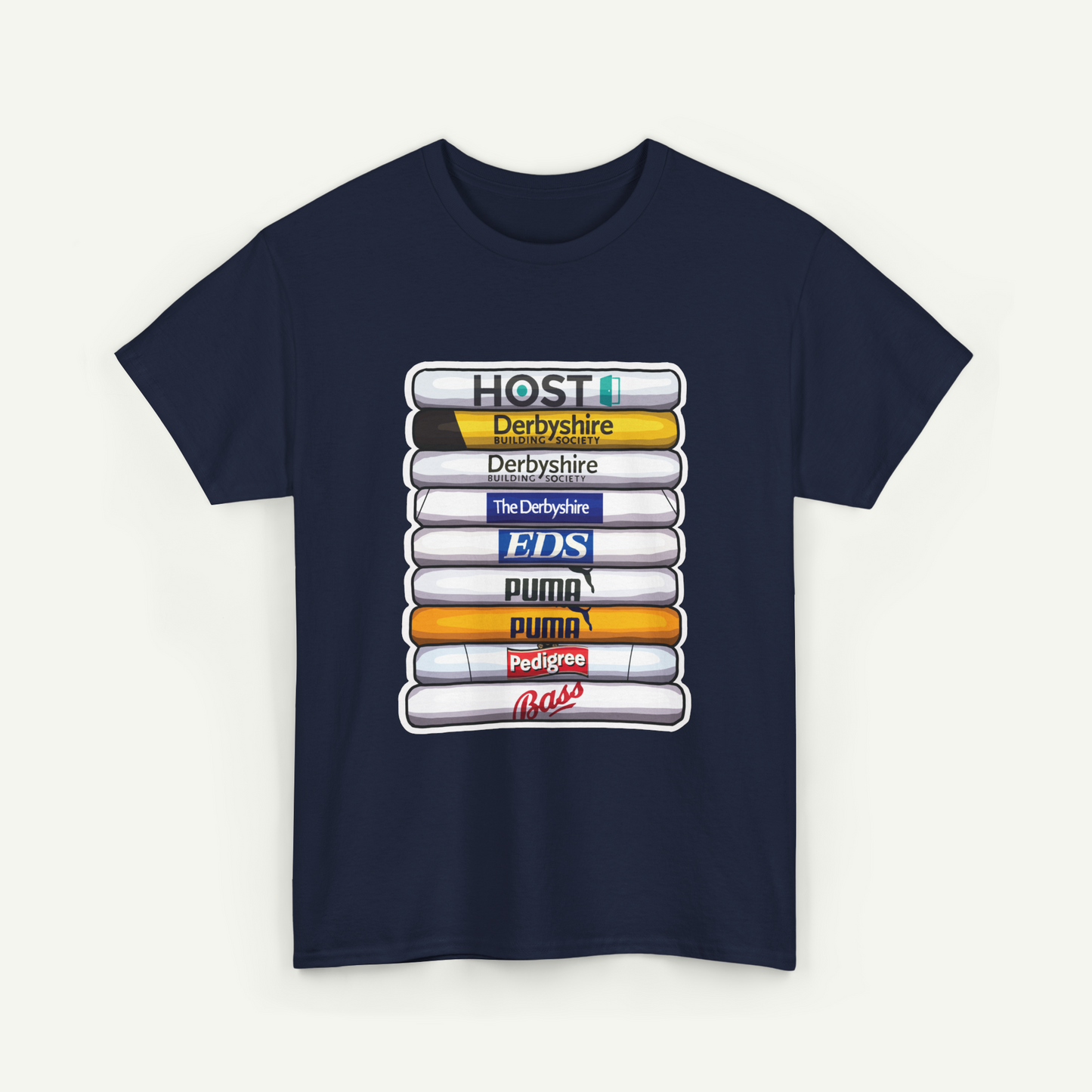 A navy blue t-shirt with a graphic design depicting a stack of various logos, including 'HOST', 'DERbyshire', 'The Derbyshire', 'FDS', 'PUMA', and 'Pedigree'.