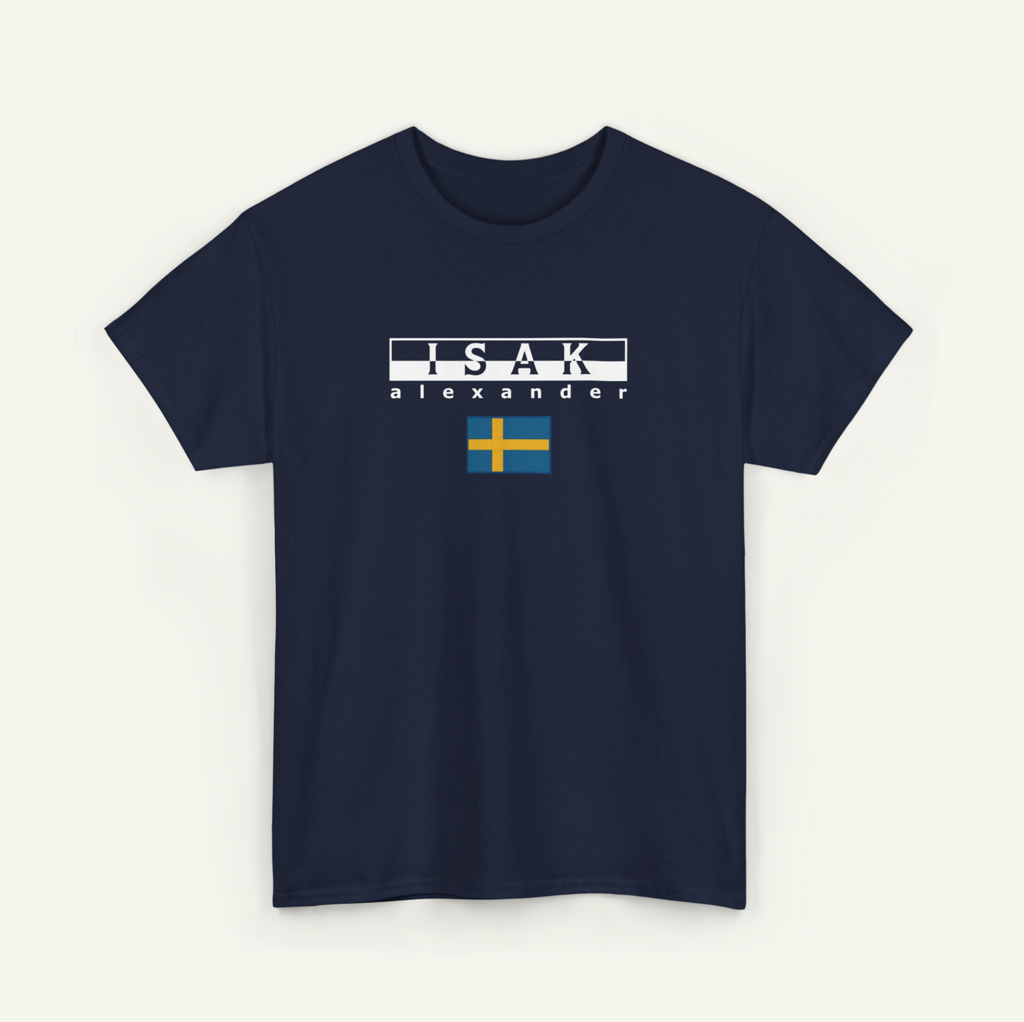 A navy blue t-shirt with the text "ISAK Alexander" printed on it, along with a small flag of Sweden.