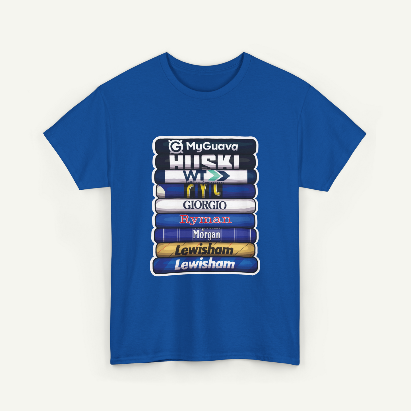 A blue t-shirt with a graphic design featuring a stack of books with various names on the spines.