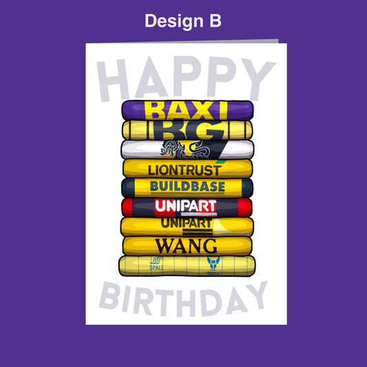 A birthday card with a stack of colorful tubes, each representing a different brand or company. The text "Happy Birthday" is displayed on the tubes, indicating the theme of the card.