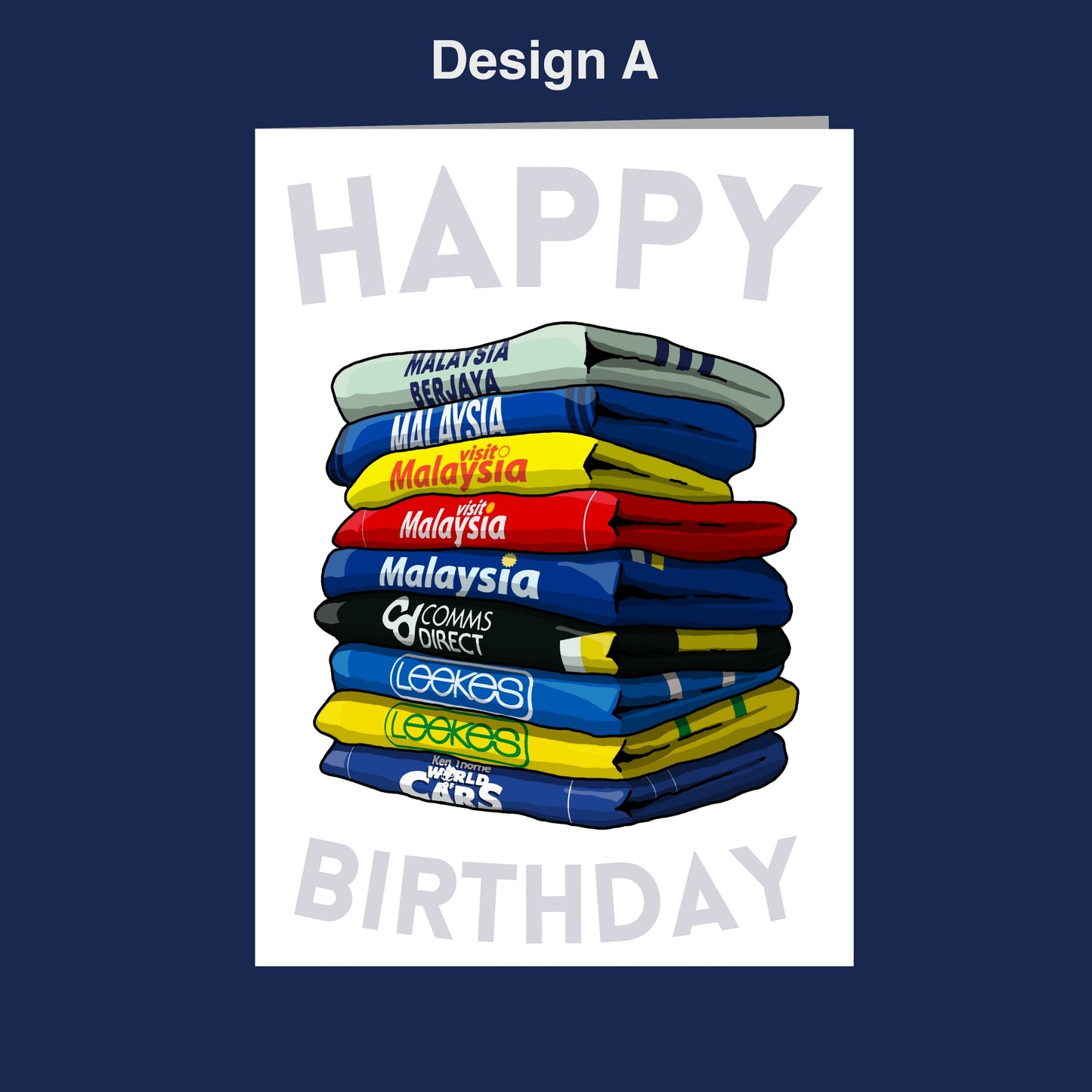 A stack of colorful sports jerseys piled on top of each other, with the text "Happy Birthday" displayed below.