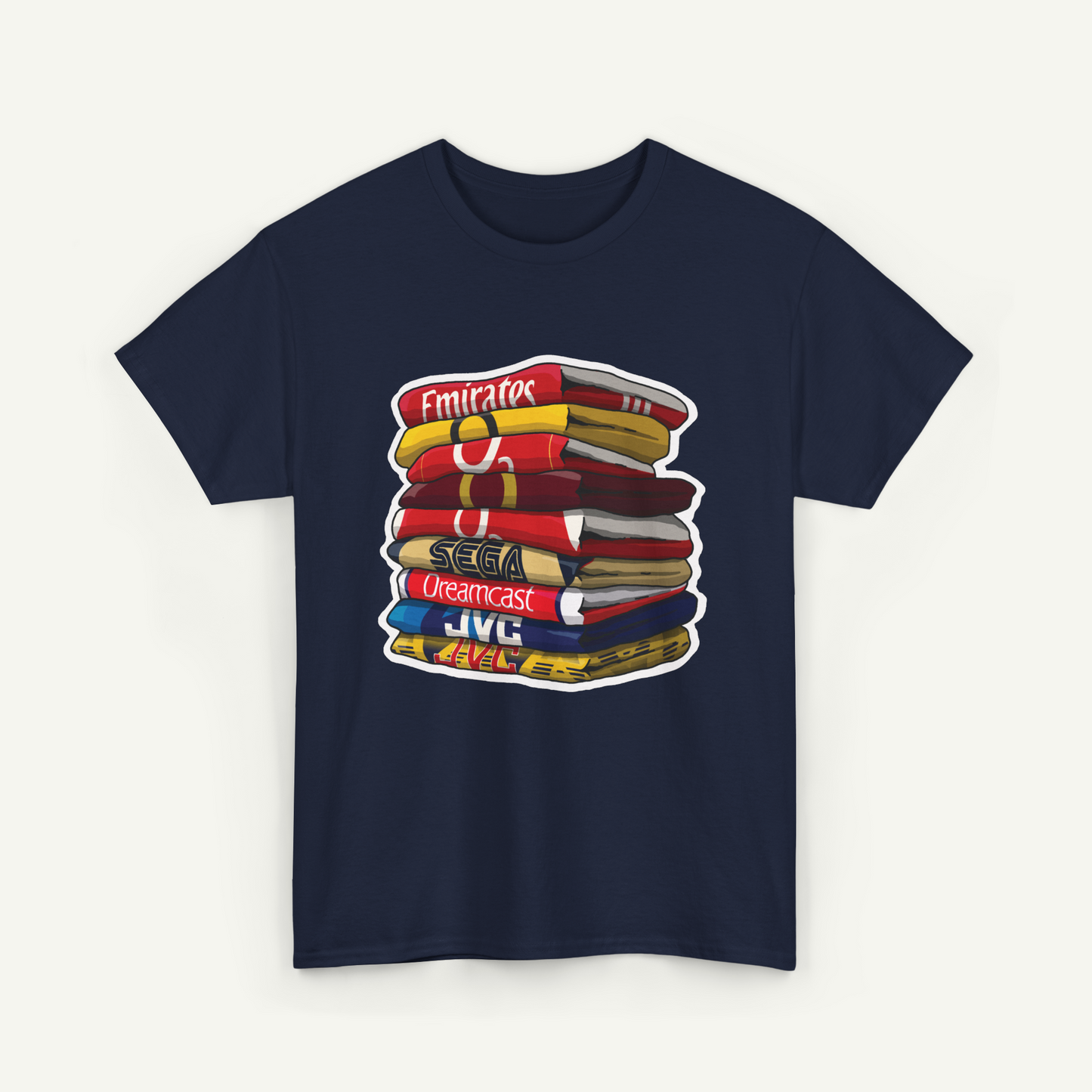 A navy blue t-shirt with a graphic design depicting a stack of colorful books or magazines.