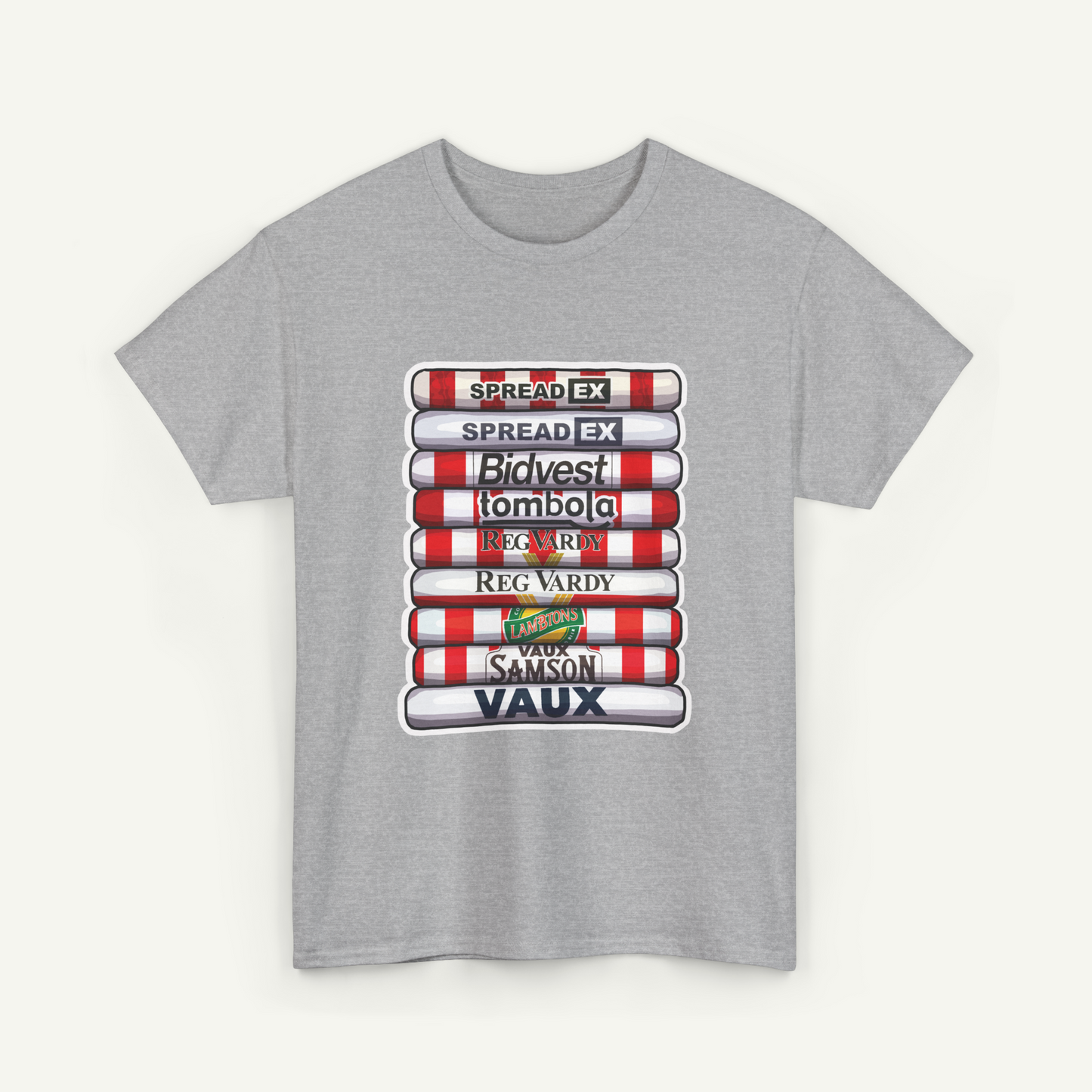 A gray t-shirt with a graphic design depicting a stack of red and white striped tubes, each containing a different brand name.