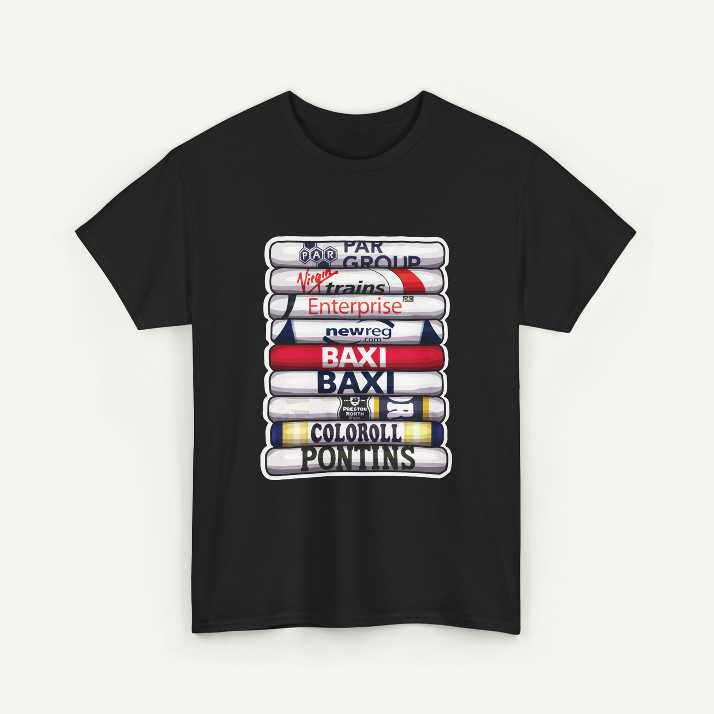 A black t-shirt with a graphic design featuring a stack of colorful tubes or bottles, each representing a different company or brand.
