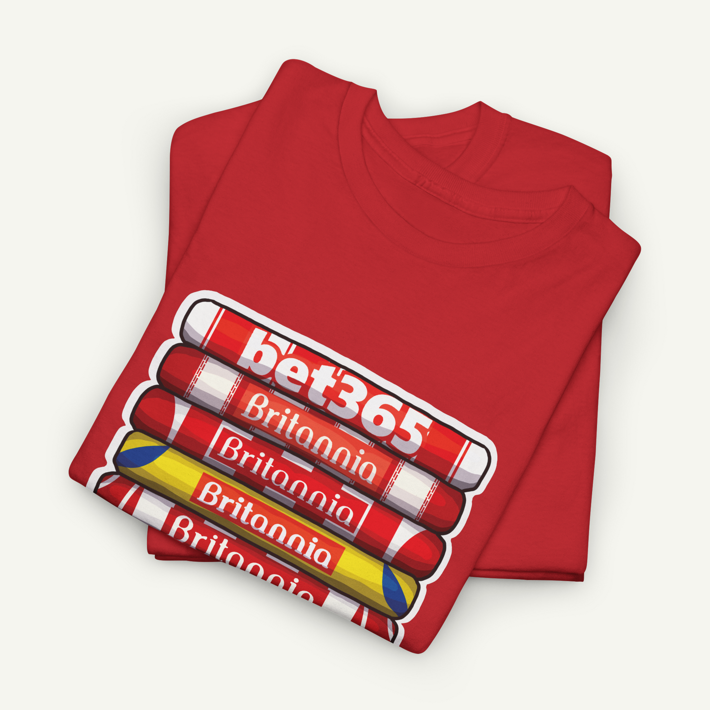 A red t-shirt with a graphic design featuring a stack of red and white striped objects, along with the text "bet365" printed on it.