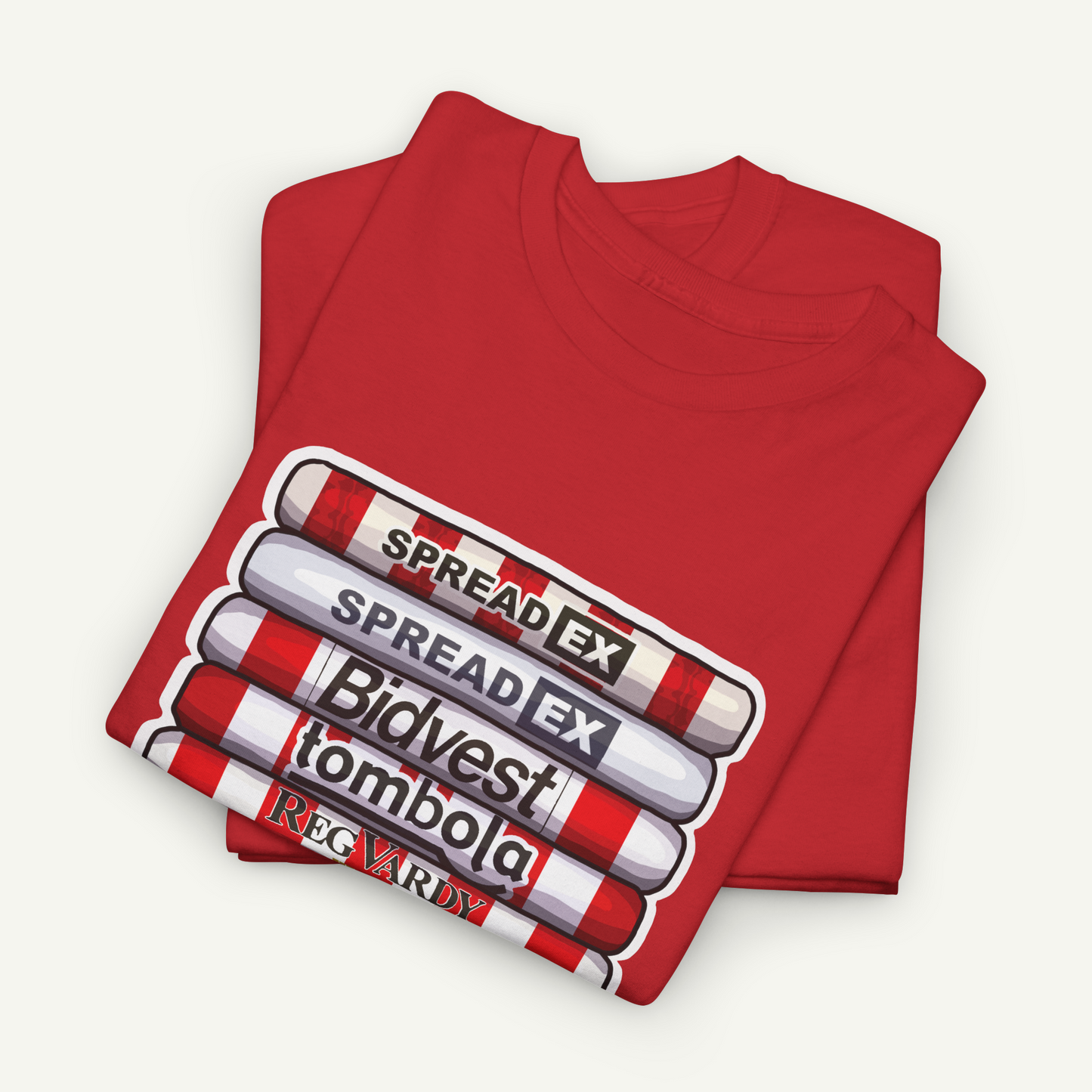 A red t-shirt with a graphic design featuring a stack of red and white striped tubes with the text "SPREAD EX" printed on them.