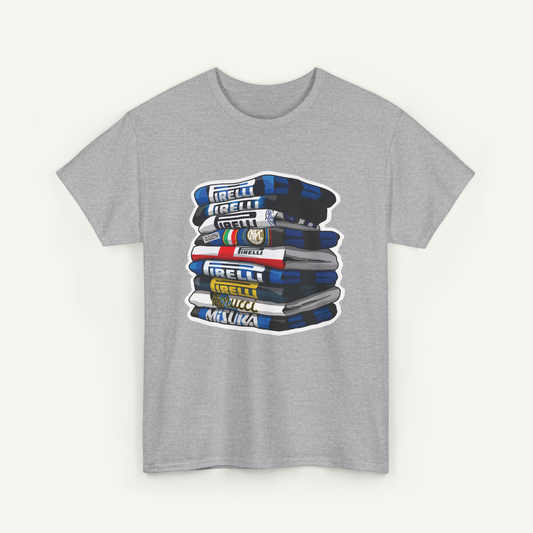 A gray t-shirt with a graphic design depicting a stack of various colored books or binders.