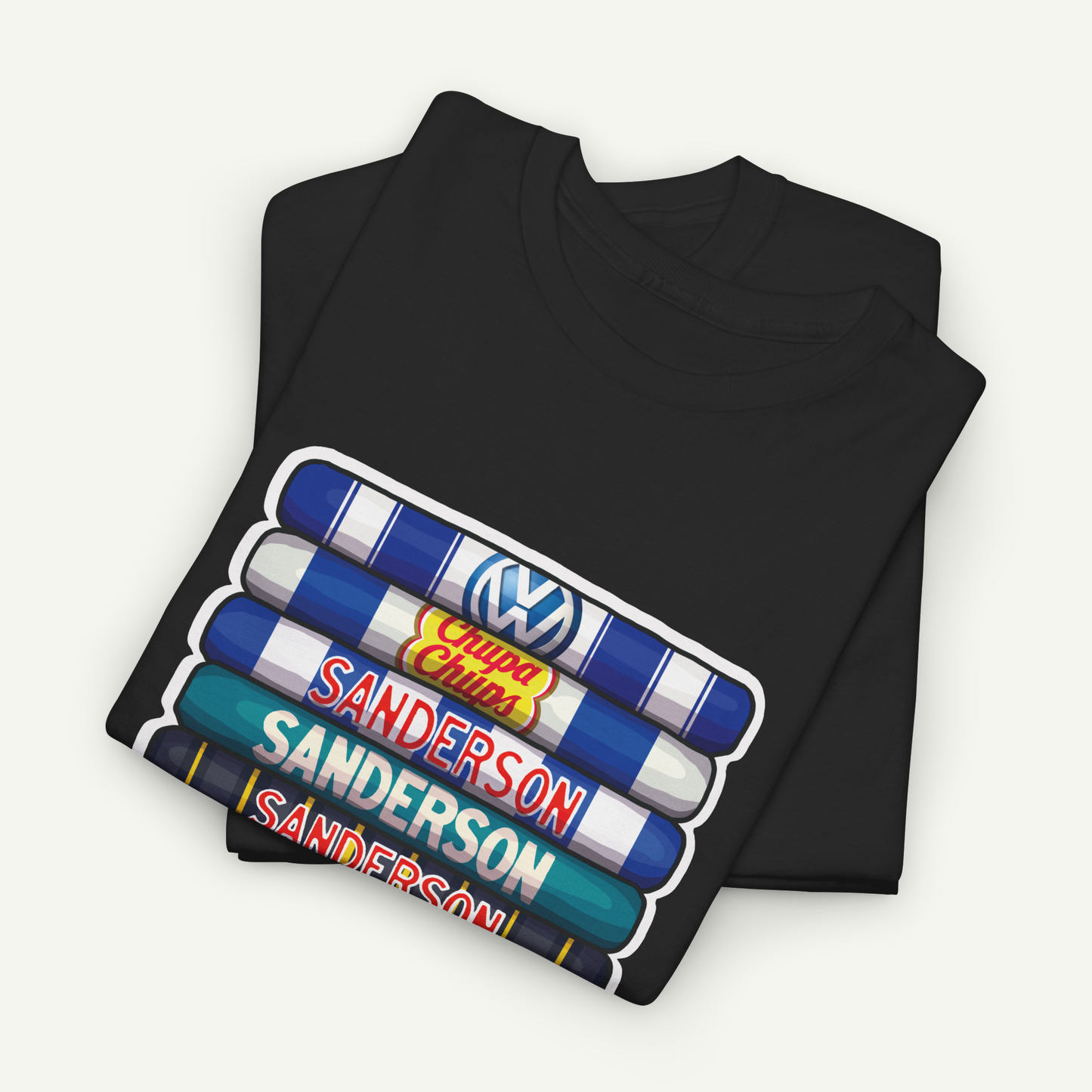 A black t-shirt with a graphic design featuring a stack of colorful tubes or bottles, each with a different brand logo printed on it.